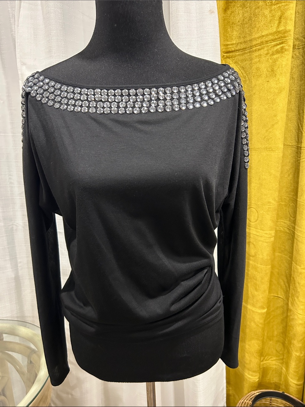 Armani Exchange Black Boatneck Top with Crystal Trim